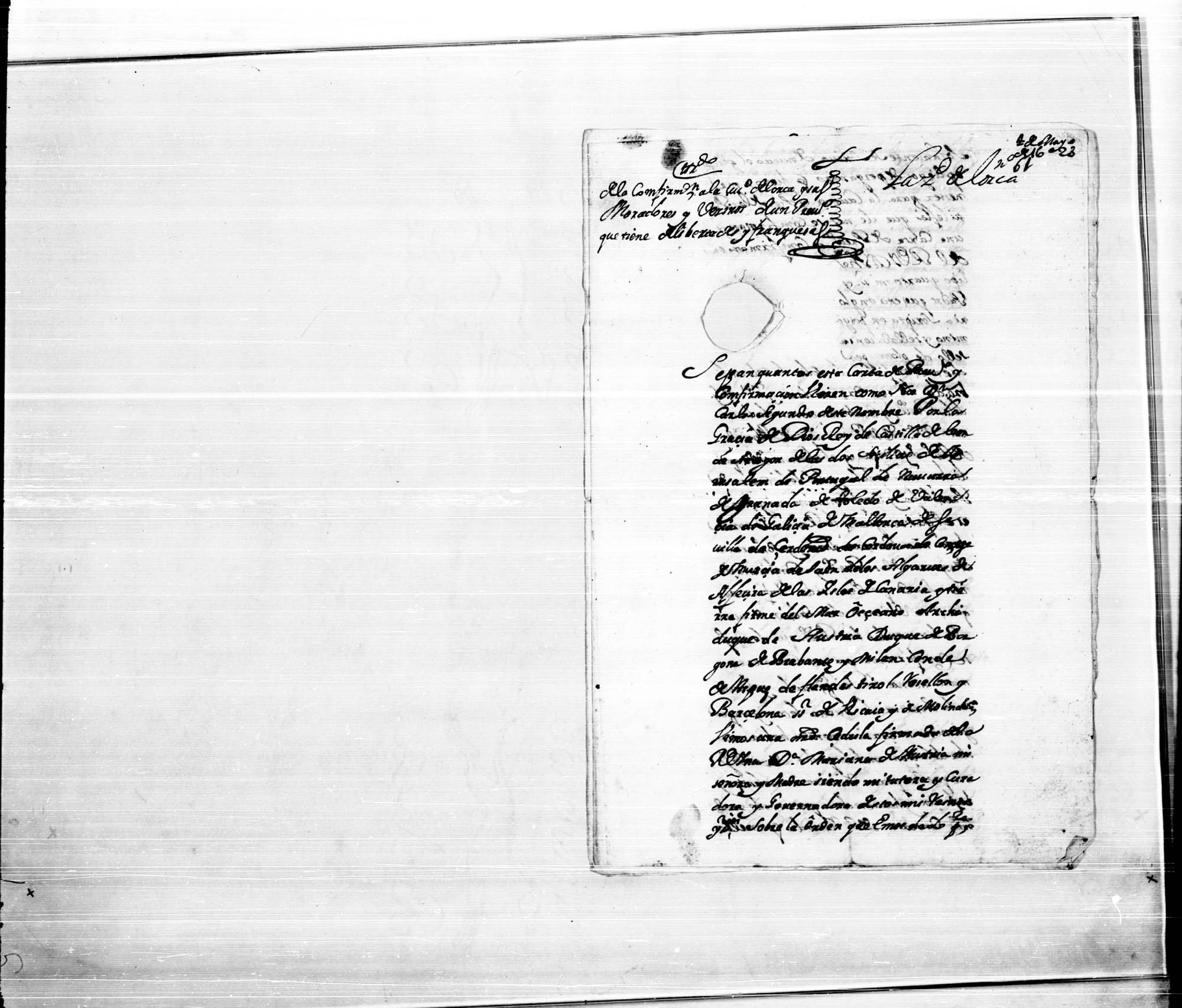 Carta de confirmación de Carlos II a la ciudad de Lorca de sus libertades y franquezas.